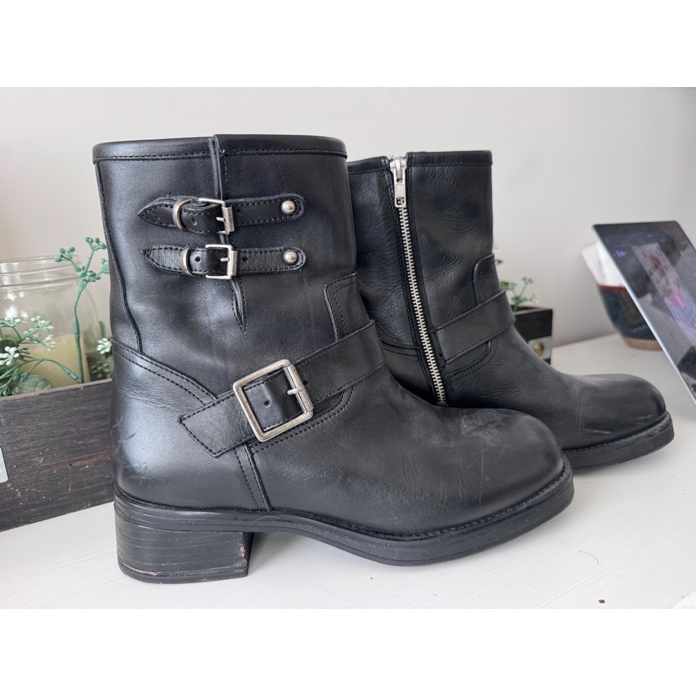 Steve Madden Archie Black Leather Engineer Moto Boots Buckle Mid-Calf 10
